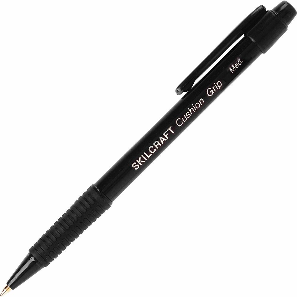 NSN4244865 - Cushion Grip retractable ballpoint pen is uniquely engineered for writing comfort. Pen has a round barrel with a grooved rubber grip and cap with a pocket clip. Pocket clip and latex-free rubber grip identify ink color. Pen is refillable.   