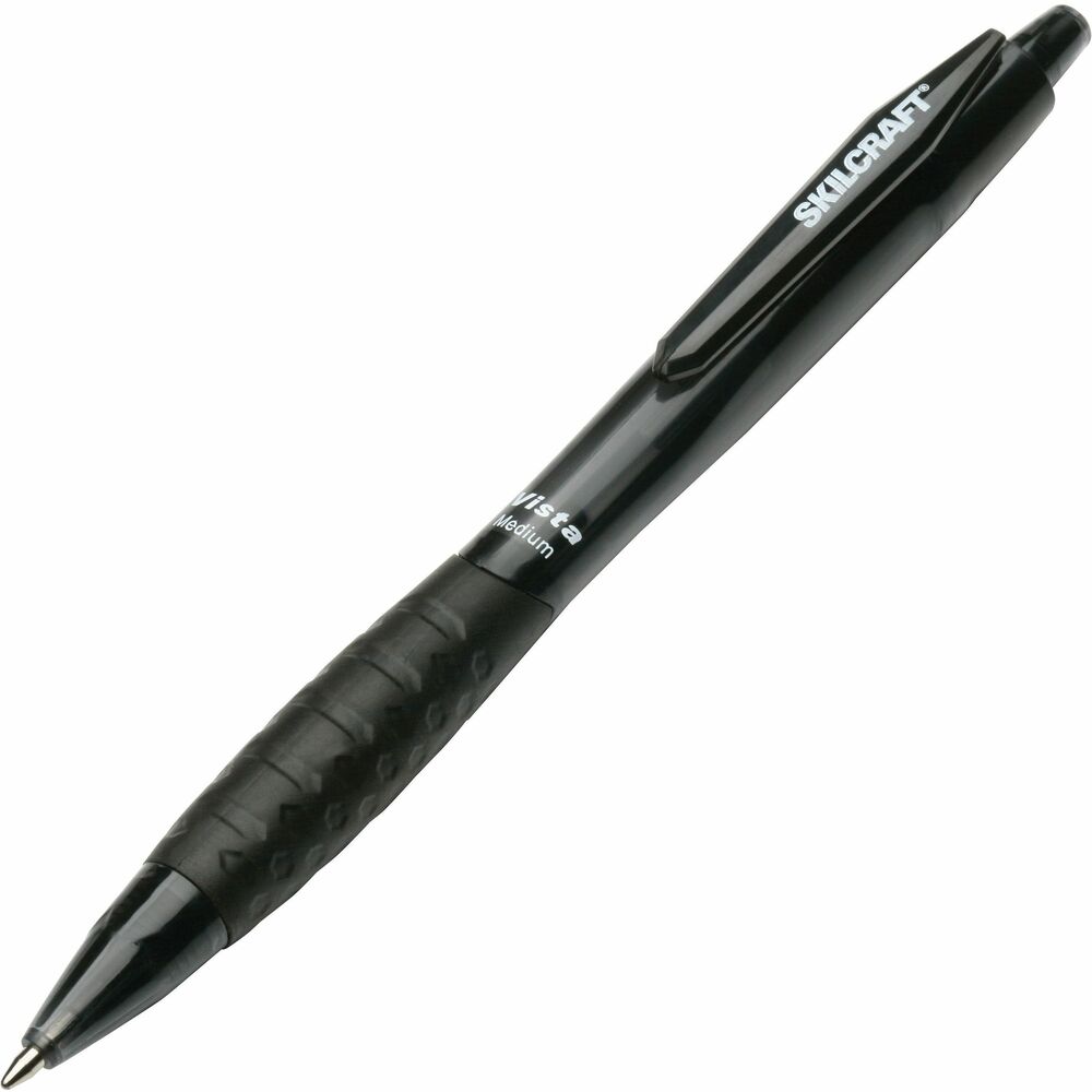 NSN4457225 - Retractable ballpoint pen offers a cushion grip for comfort and writes 2,460'. Color of pocket clip and rubber grip identifies ink color. The tinted transparent barrel and tip allow you to monitor ink levels. Ballpoint pen is refillable.   