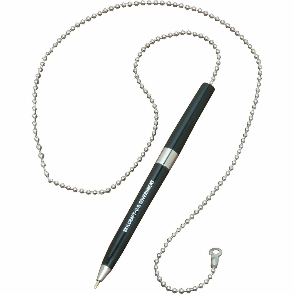 NSN4493740 - Ballpoint pen with a chain is excellent for public areas where a pen is required. Barrel is stamped with "U.S. Government" for clear identification. Pen top includes a 24" steel chain that attaches to a table or desk to prevent loss. Pen is not retractable and is nonrefillable.   