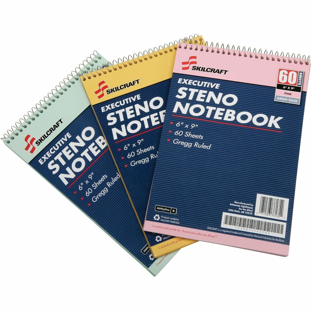 NSN4545702 - Steno notebooks are formatted in traditional Gregg style with 11/32" wide rulings and one vertical line down the center. Each notebook contains 60 sheets of 20 lb. basis weight paper. Assorted notebook colors include gold, green and pink. Paper color matches the cover color. Elemental chlorine-free paper is also acid-free and archival quality for long-lasting documents.