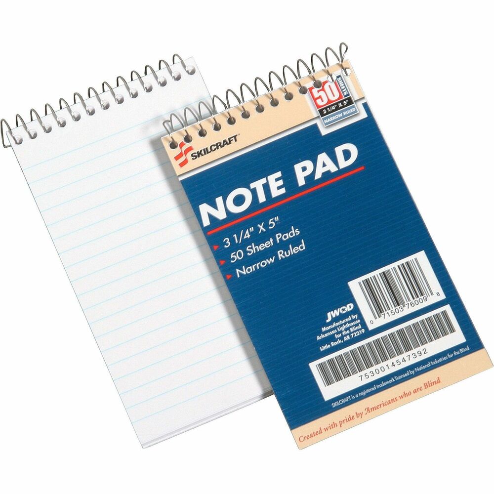 NSN4547392 - Each Mini Memo Pad contains 50 white sheets with 1/4" legal/narrow-ruled blue lines. All pads feature wire spiral binding at top. Elemental chlorine-free (ECF) paper meets Executive Orders 13514 and 13423.