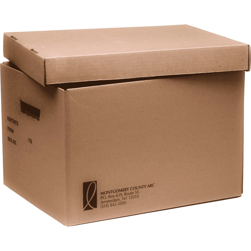 NSN4554036 - File storage box is designed for storing letter-size papers in one direction and legal-size papers in the other. Design features durable high-strength, 32ECT, B-flute corrugated board construction with tote handles and a removable top. When assembled, file storage box offers double-walled construction on all sides.