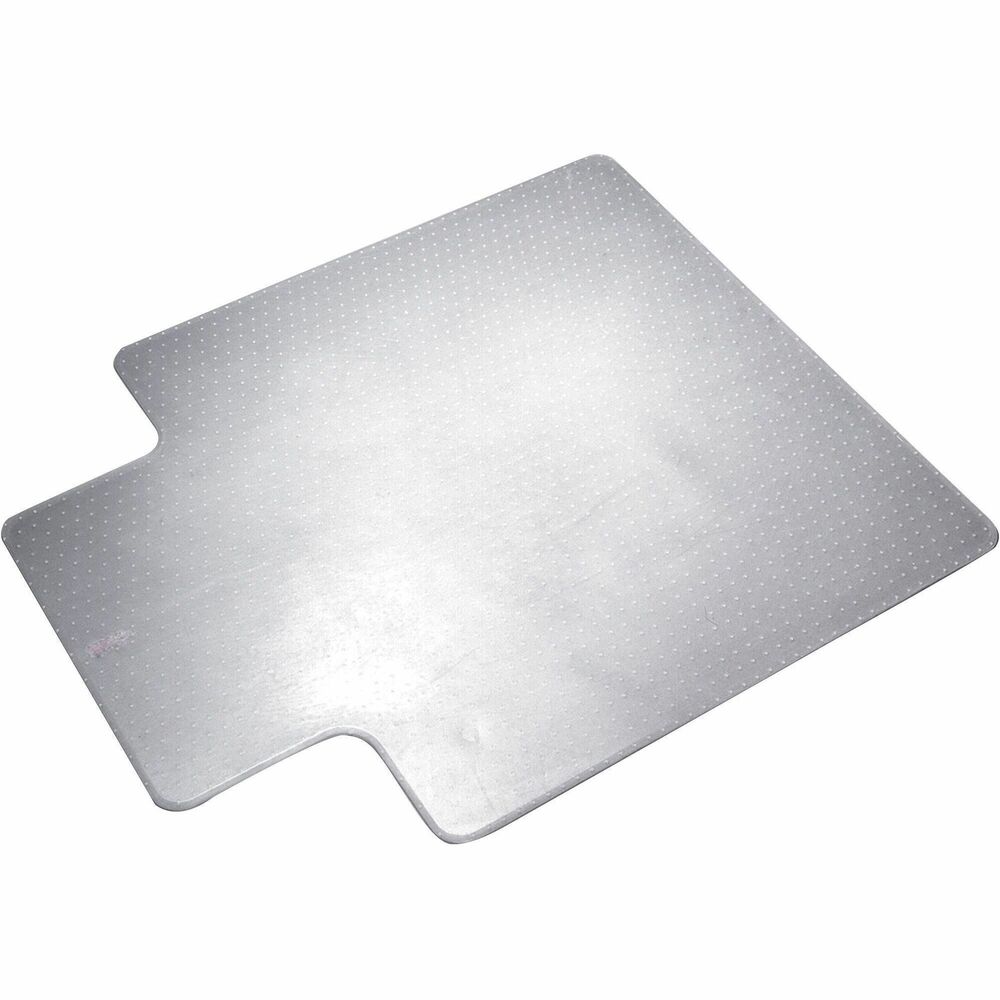 NSN4576054 - Chairmat protects floors and carpets from wheel damage. Transparent color allows the carpeting to show through. The textured surface is scuff-resistant. The stud design grips carpet, but won't harm carpet. Corners are rounded. Mat is made of polyvinyl chloride (PVC). Mat is designed for use over low to medium-pile carpet. Overall dimensions include 20" x 12" lip. Thickness is 0.145". 
