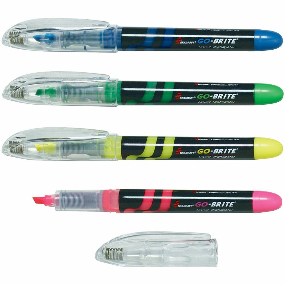 NSN4613779 - Highlighter contains free-flowing, water-based, fluorescent ink. Barrel has a clear window to observe ink supply. Color of the end plug and cap matches the ink color. Cap has a plastic clip. Liquid ink delivers longer write-out than reservoir-style markers. Highlighter ink will not smear, smudge or fade. Push down on the tip of the go-brite Liquid Highlighter to restart ink flow if the cap is left off for too long.   