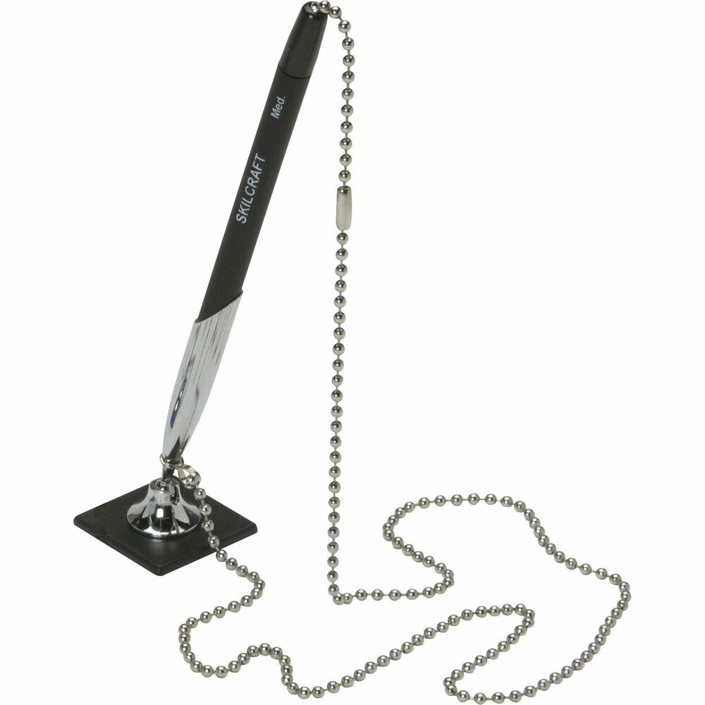 NSN4631990 - Ballpoint chain pen features a rubberized barrel with a grooved grip for writing comfort. Upright holder swivels 360 degrees. Adhesive base attaches to any surface. A 24" steel-ball chain attaches to the pen and base to prevent loss. Base and barrel match ink color. Ballpoint pen ink is permanent, long-lasting, airplane-safe and highly reliable. Use ballpoint pen to write on nearly all types of paper.