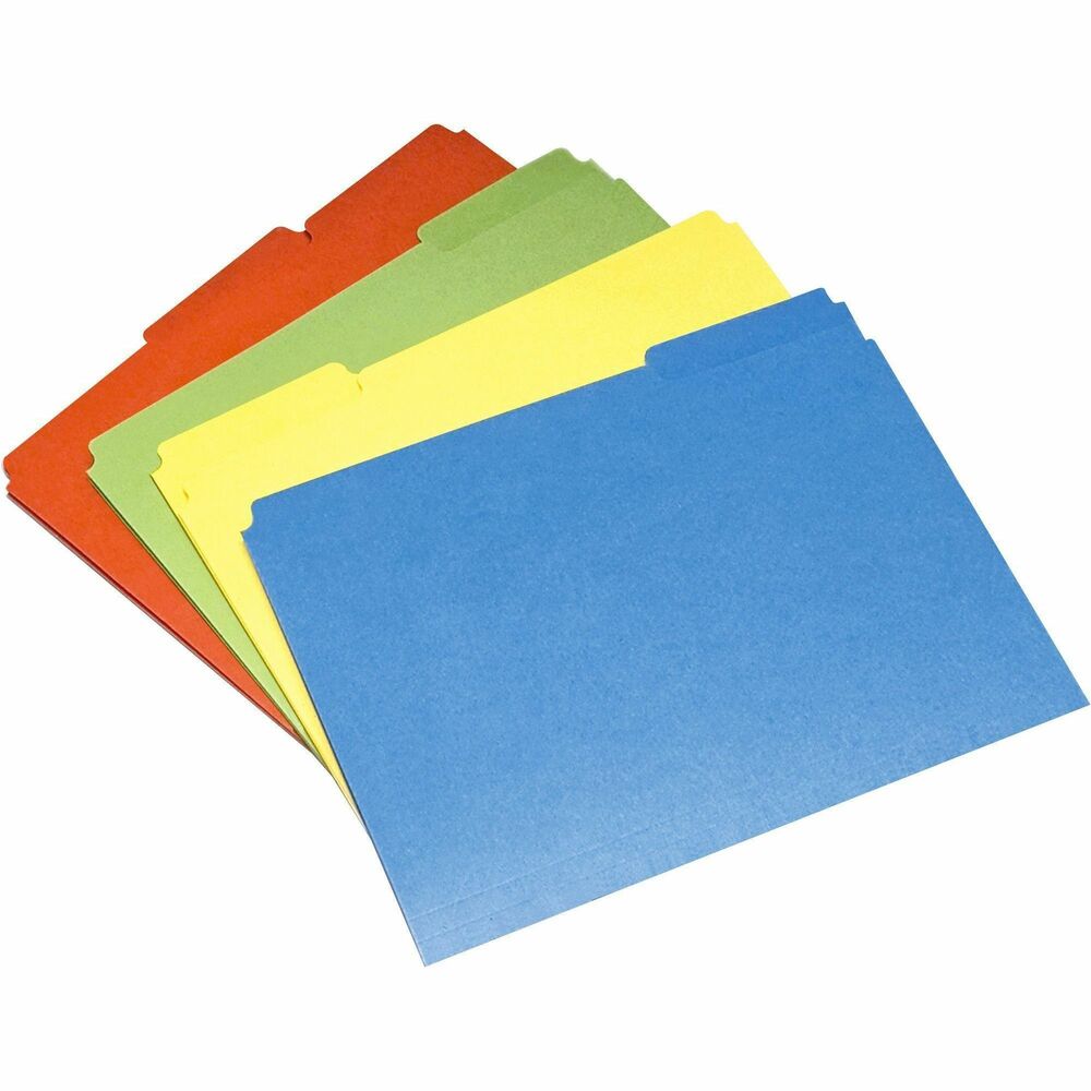 NSN4840006 - File folders are made of durable, 11 point paper stock and feature single-ply, 1/3-cut tabs. Standard letter-size folders are scored for 3/4" expansion. Colors include red, green, blue and yellow. Assortment of 24 folders includes six of each color and two of each tab position.   