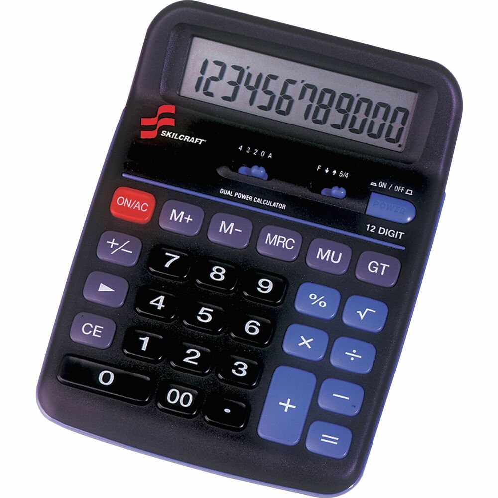 NSN4844560 - 12-digit dual-powered, portable desktop calculator uses both solar and battery power. Big-numbered, angled display is easy to read. Calculator body and keys are ergonomically designed. Calculator features three memory keys, square root, sign change, sign shift and "00" keys.   