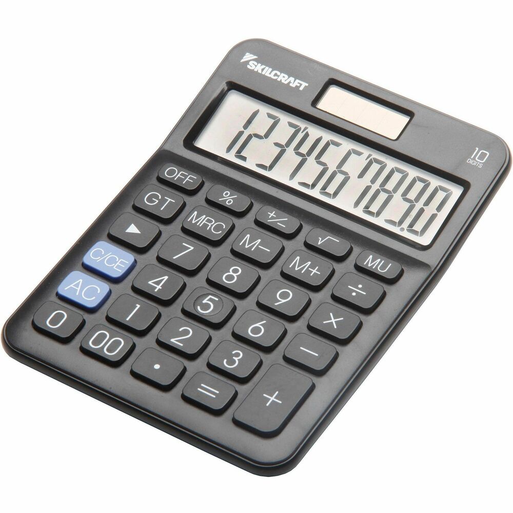 NSN4844580 - 10-digit, portable desktop calculator uses both solar and battery power. Big number, angled display reduces glare and is easy to read. Calculator body and keys are ergonomically designed. Calculator includes three memory keys.   