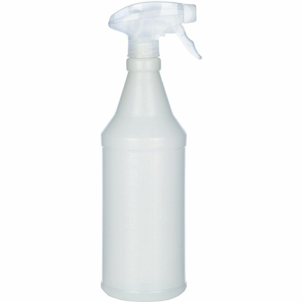 NSN4887952 - Empty, plastic spray bottle features a trigger-type atomizer cap and flexible plastic tube that is ideal for dispensing cleaners. Chemical-resistant trigger sprayer is adjustable. Bottle is marked with ounce gradations.