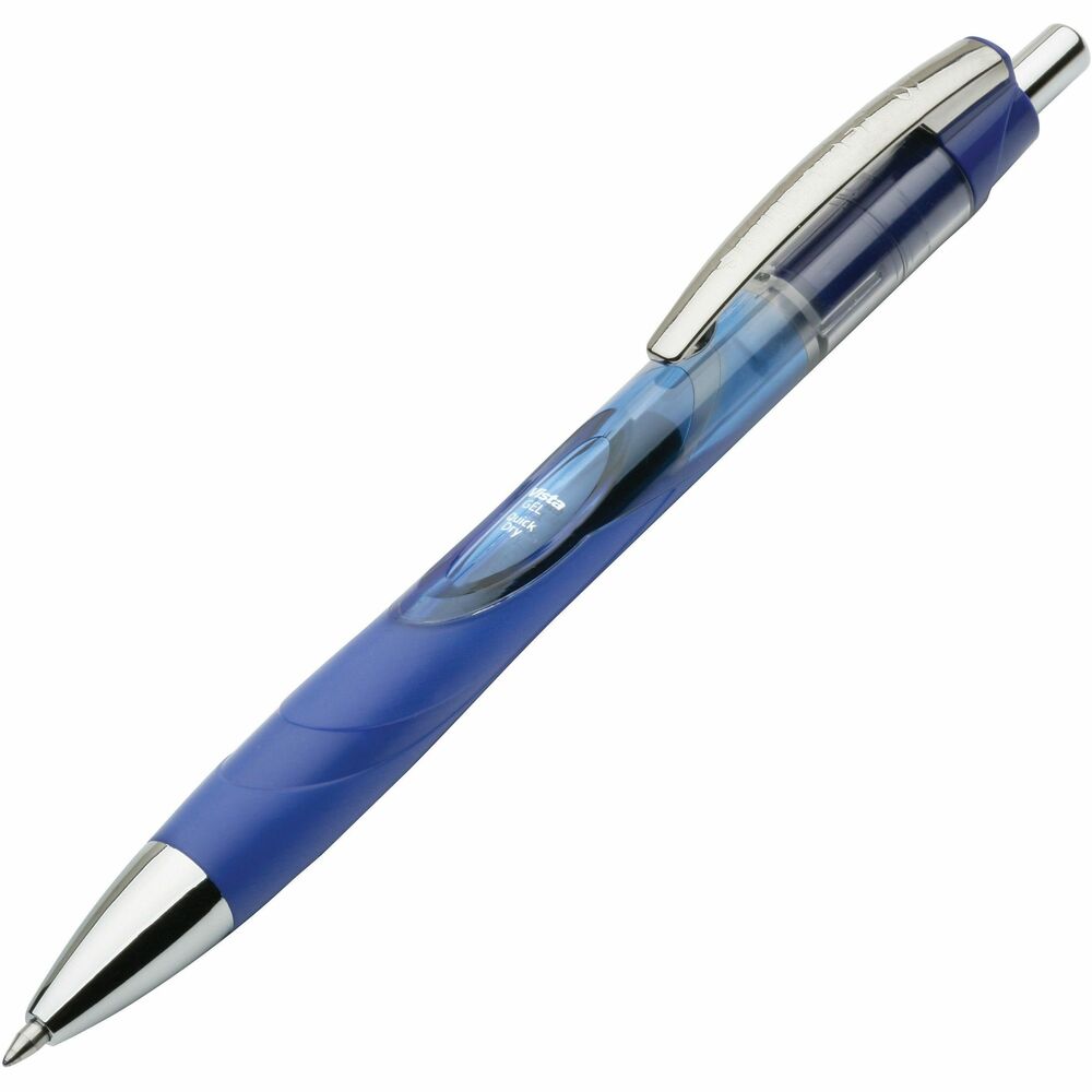 NSN5068502 - Vista retractable gel pen is tinted the color of the ink and is transparent, allowing you to monitor ink supply. Clip and rubber grip match the ink color. The gel pen offers a safety clip that, when pulled away from the pen, retracts the point to prevent leakage when clipped to clothing or other items. Smooth gliding ink will not fade, run or smear. Gel pen is refillable.   