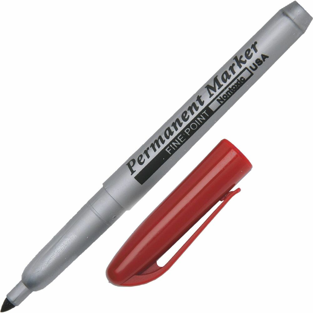 NSN5114324 - Fine-point permanent marker is designed for writing, drawing, lettering and sketching on most hard-to-mark surfaces. Tip stays firm and sharp. Barrel is gray with molded plastic pocket clip. Cap matches the ink color. Quick-drying, high-intensity ink is waterproof, smear-proof and fade-resistant.   