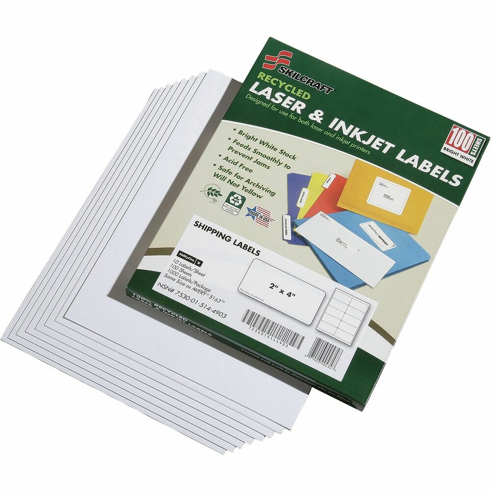 NSN5144903 - Shipping labels are compatible with laser and inkjet printers. High-quality, bright white, printer labels are environmentally friendly. Face sheet is processed chlorine-free (PCF). The adhesive meets the USPS specification USPS-2-1238 for it to be safely recycled. Labels are both acid-free and lignin-free, making them safe for archiving and will not yellow. The white 2" x 4" labels come 10 per sheet.