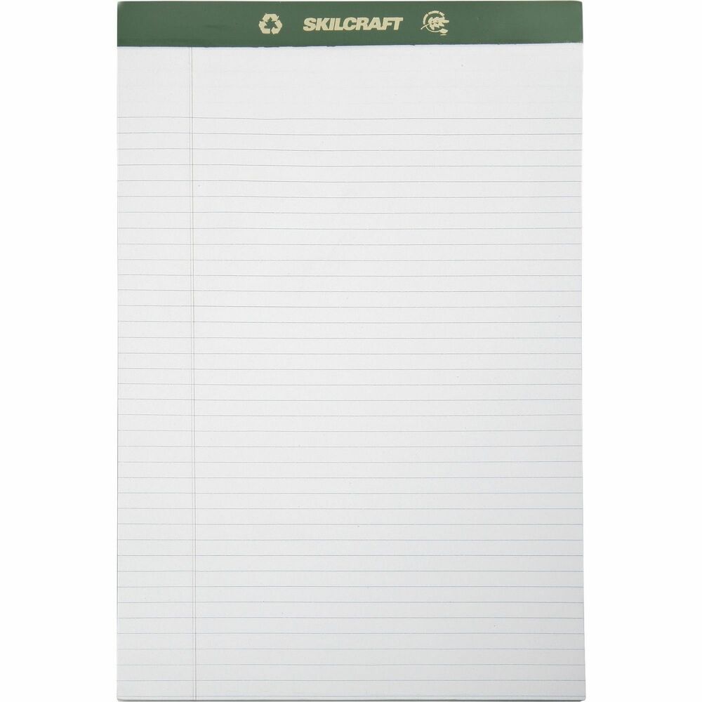 NSN5169626 - Perforated writing pads are made using a 100 percent chlorine-free manufacturing process and certified by the Chlorine Free Association. Chlorine and its derivatives have proven to be very harmful to the environment, especially aquatic life. These pads feature a green leatherette strip embossed with both gold SKILCRAFT and recycle logos. Each pad contains 50 ruled sheets (5/16" line spacings) of a 20 lb. basis weight paper attached to a sturdy .050 cal backer board. Pads meet Executive Orders 13514 and 13423.   