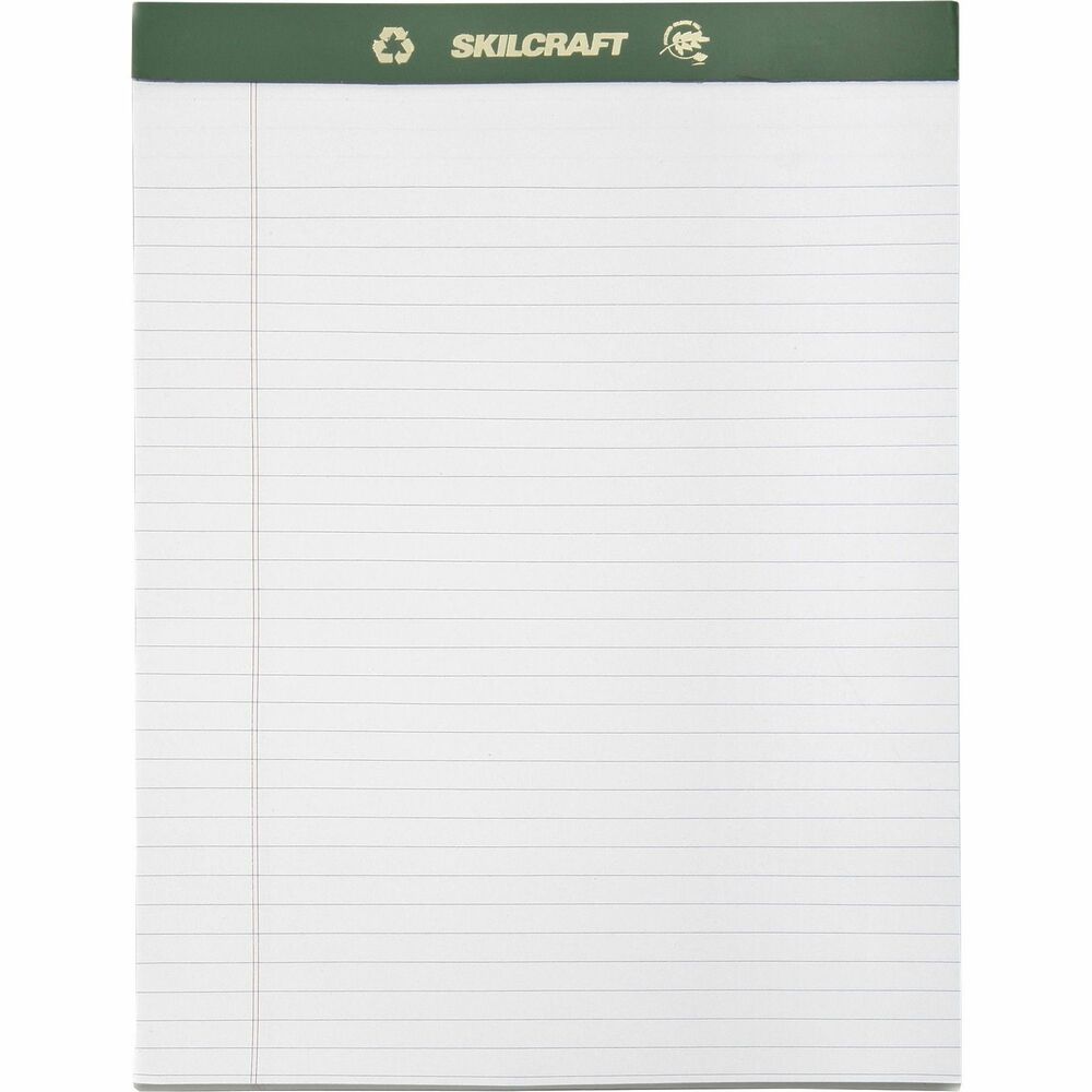 NSN5169627 - Perforated writing pads are made using a 100 percent chlorine-free manufacturing process and certified by the Chlorine Free Association. Chlorine and its derivatives have proven to be very harmful to the environment, especially aquatic life. These pads feature a green leatherette strip embossed with both gold SKILCRAFT and recycle logos. Each pad contains 50 ruled sheets (5/16" line spacings) of a 20 lb. basis weight paper attached to a sturdy .050 cal backer board. Pads meet Executive Orders 13514 and 13423.
