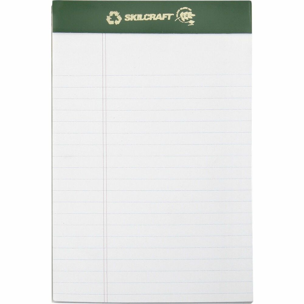NSN5169629 - Perforated writing pads are made using a 100 percent chlorine-free manufacturing process and certified by the Chlorine Free Association. Chlorine and its derivatives have proven to be very harmful to the environment, especially aquatic life. These pads feature a green leatherette strip embossed with both gold SKILCRAFT and recycle logos. Each pad contains 50 ruled sheets (5/16" line spacings) of a 20 lb. basis weight paper attached to a sturdy .050 cal backer board. Pads meet Executive Orders 13514 and 13423.   