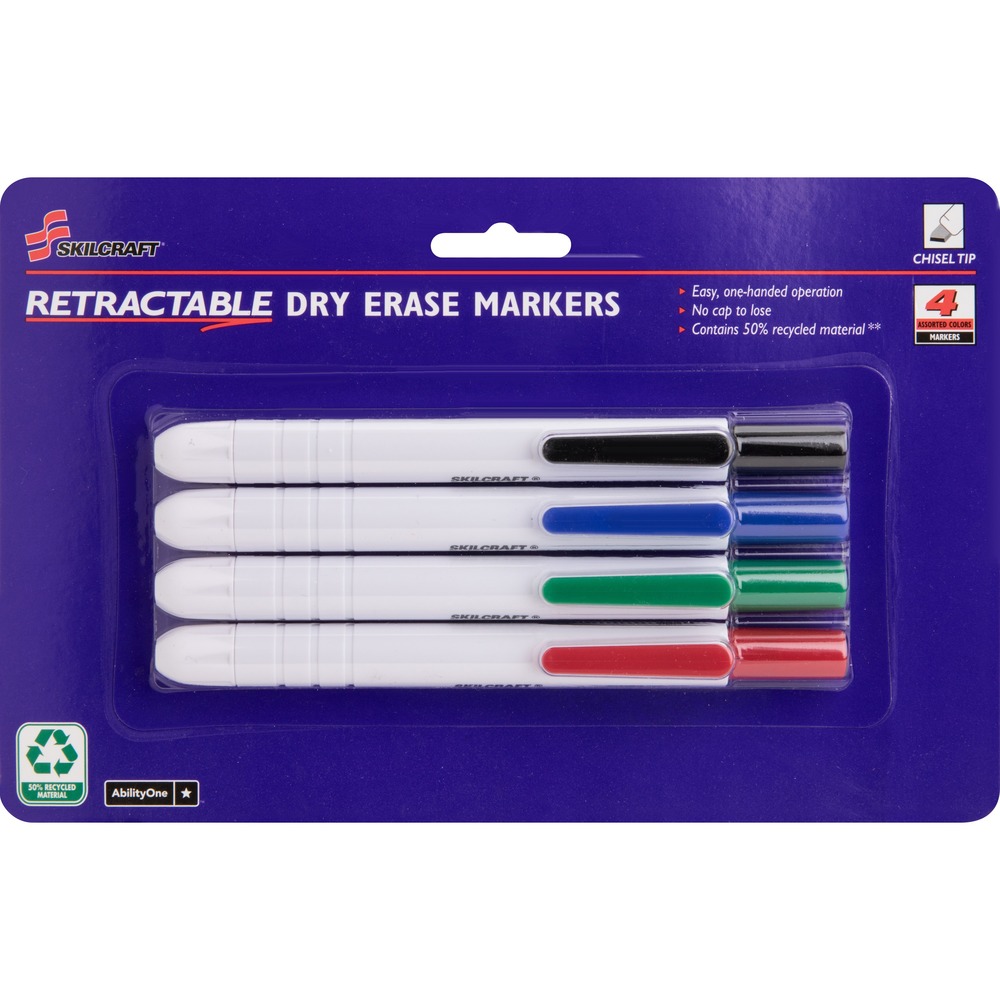 NSN5195769 - Retractable dry-erase markers allow easy single-handed operation. No more capping and recapping while using your marker. Low-odor, nontoxic premium ink dries quickly on whiteboards and won't ghost or leave shadows when erased. Chisel tip is made of durable polyester that holds its shape and will not leak. Chisel design allows broad, medium and fine point marking. Dry-erase markers have a handy pocket clip for portability. Safety clip protects against pocket leakage.   