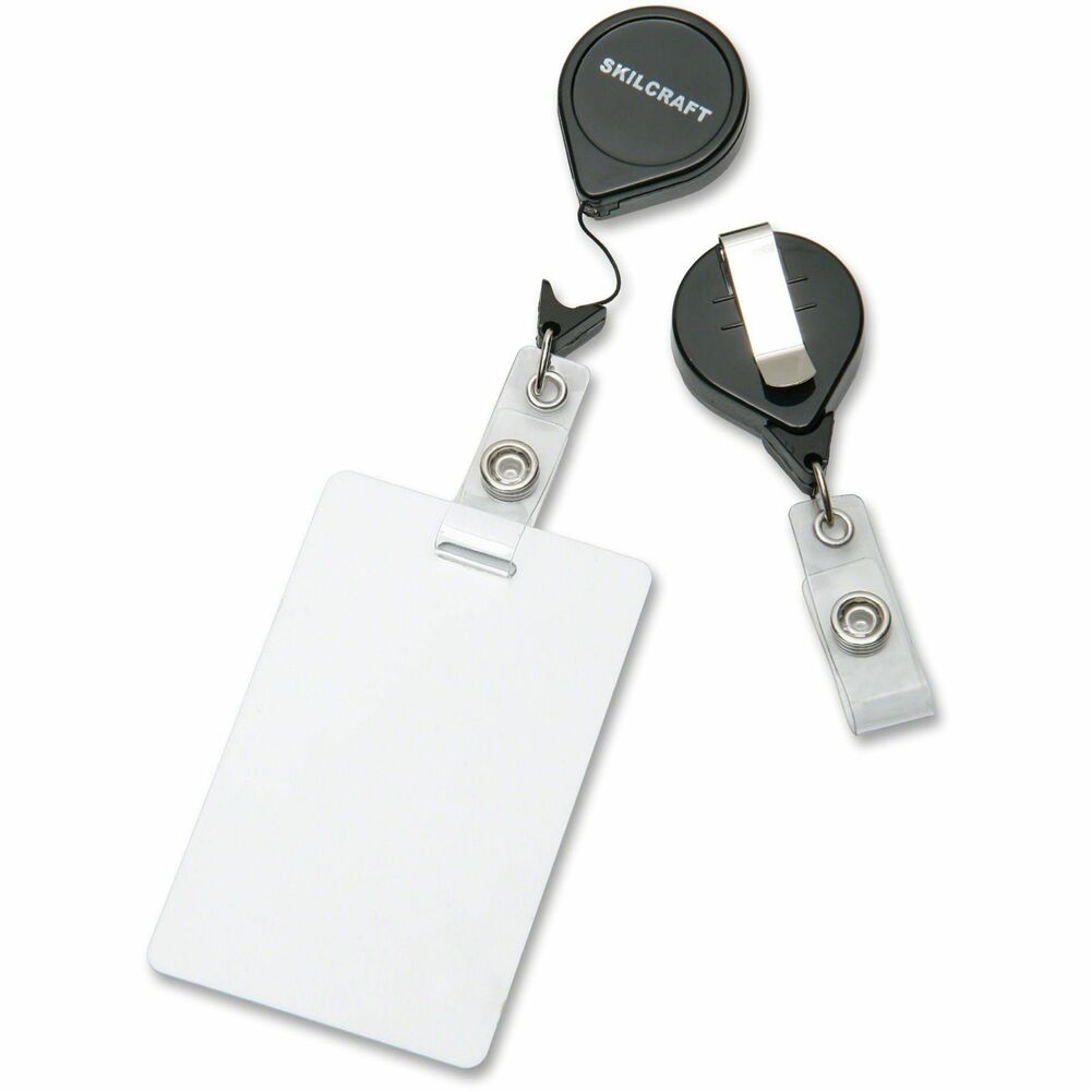 NSN5453657 - Heavy-duty ID card reel easily attaches to clothing for instant ID card access. A metal belt clip secures the badge, ID cards or key passes. Reinforced vinyl strap provides added durability when holding ID cards or badge holders to the reel. The cord reels out 36" and automatically retracts making it convenient to scan or swipe your card.   