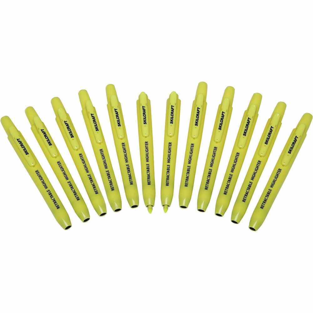 NSN5548210 - Retractable Chisel Tip Highlighters allow easy single-handed operation. No more capping and recapping while using your marker. Quick-drying ink will not smear or leak. Bright neon color adds emphasis to materials. Tip is made of durable polyester that holds its shape during marker use. Chisel tip is designed to allow broad, medium and fine point highlighting. Highlighters have a handy pocket clip for portability. Safety clip protects against pocket leakage. Highlighters are BPA-free.   