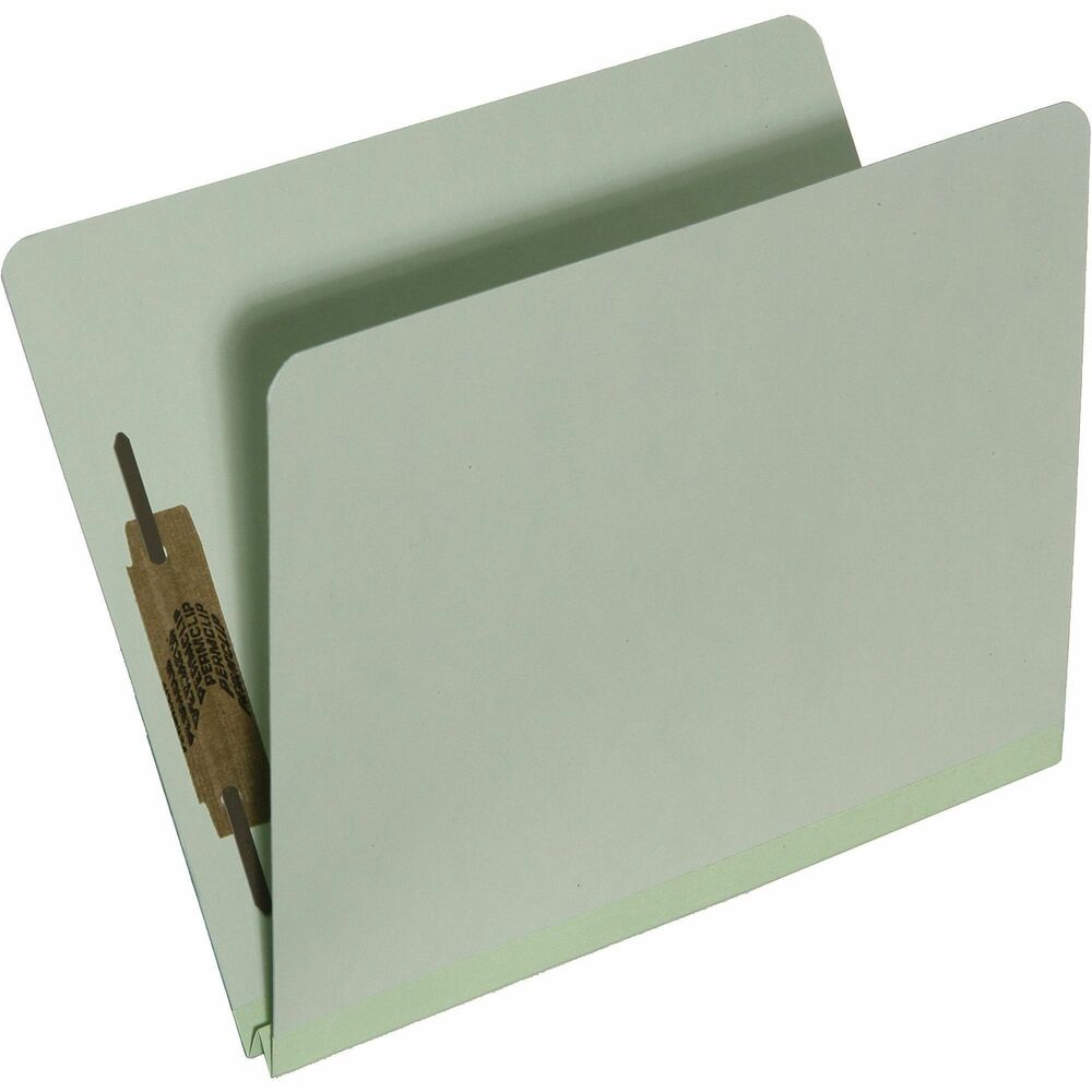NSN5567913 - Heavy-duty Pressboard folders feature a full top tab, two 1" capacity metal-prong fasteners and a cloth gusset bottom that expands to 1". Each folder is made of 25 point stock and contains 30 percent post-consumer material and 30 percent other recycled fiber.   