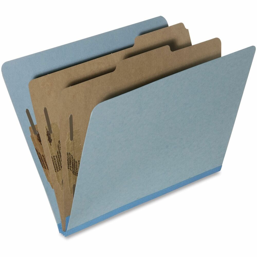 NSN5567915 - Heavy-duty classification folders feature a 2" expandable, Tyvek-reinforced tape gusset for added durability. Each folder is made of 25 point Pressboard stock and each divider is made of 17 point Kraft stock. Each divider offers 1" capacity, metal-prong fasteners. The front and back covers of the folder also have 1" prong fasteners. Outside cover and Kraft dividers are made of 30 percent post-consumer material. Classification folders meet Executive Orders 13514 and 13423.   