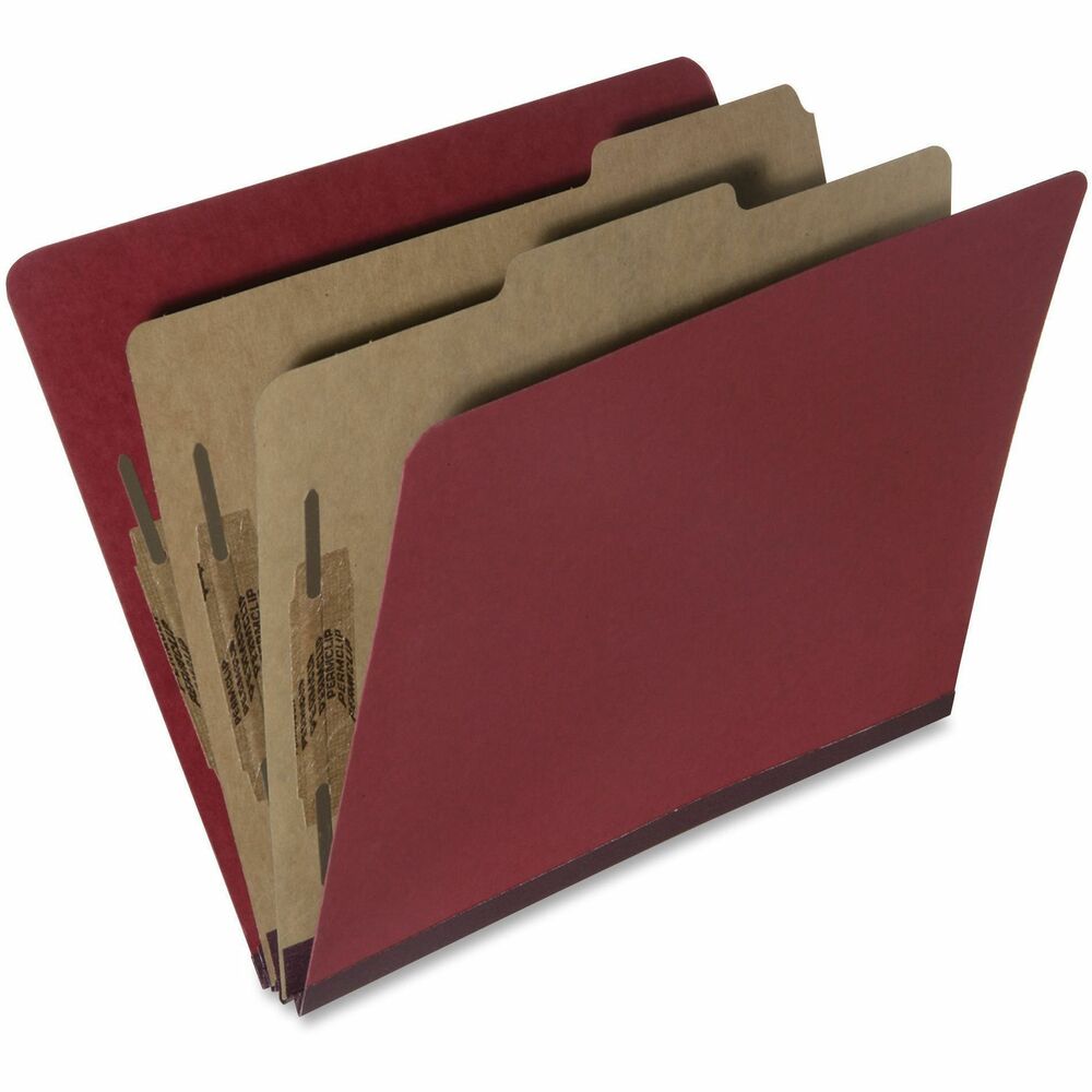 NSN5567917 - Heavy-duty classification folders feature a 2" expandable, Tyvek-reinforced tape gusset for added durability. Each folder is made of 25 point Pressboard stock and each divider is made of 17 point Kraft stock. Each divider offers 1" capacity, metal-prong fasteners. The front and back covers of the folder also have 1" prong fasteners. Outside cover and Kraft dividers are made of 30 percent post-consumer material. Classification folders meet Executive Orders 13514 and 13423.   