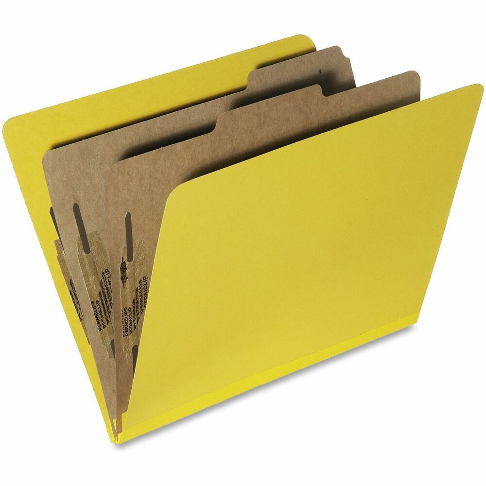 NSN5567918 - Heavy-duty classification folders feature a 2" expandable, Tyvek-reinforced tape gusset for added durability. Each folder is made of 25 point Pressboard stock and each divider is made of 17 point Kraft stock. Each divider offers 1" capacity, metal-prong fasteners. The front and back covers of the folder also have 1" prong fasteners. Outside cover and Kraft dividers are made of 30 percent post-consumer material. Classification folders meet Executive Orders 13514 and 13423.   