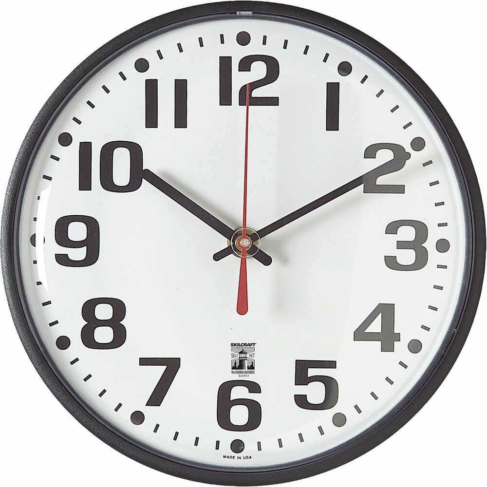 NSN5573153 - SelfSet Wall Clock is programmed to automatically set itself to Daylight Savings without the use of a signal. Clock has quartz movement with extremely accurate time within minutes per year. Design includes a white dial with black Arabic numerals, black hour and minute hands, red second hand and shatter-resistant, UV-protected clear crystal. "Old schedule," "new schedule" and "Off" switch allows you to revert to former schedules compliant with 2007 Daylight Savings regulations. Ideal for use in facilities where a radio signal may not reach radio-controlled clocks. Battery-operated movement uses one AA battery (not included). Clock includes hanging hardware. Plastic clock frames will biodegrade within an average of two years in a landfill environment (reference ASTM D 5511). Clock bodies contain 30 percent post-consumer recycled material.   