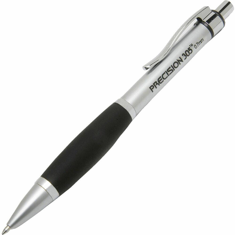 NSN5654873 - Precision 305 Metal Barrel Mechanical Pencils feature an antimicrobial rubber grip with Agion technology. Recommended for use in all public facilities and wherever pencils are shared by multiple users. All-metal construction is lightweight and durable. Rubberized grip and eraser are made using latex-free rubber to avoid potential allergies. Pencil barrel is silver with black accents and grip, and has a sliding sleeve to protect lead.   