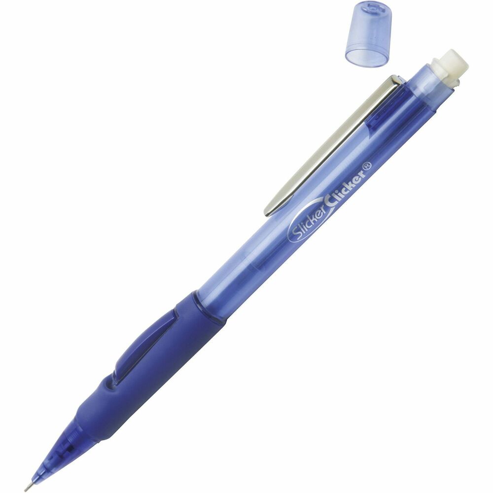 NSN5654874 - SlickerClicker Side-Advanced Mechanical Pencil features a sliding sleeve that protects the lead to provide an extended writing cycle. Both grip and eraser are made using latex-free rubber to minimize allergic reactions. The low-profile side button allows you to advance the lead without changing writing position. Design also features a translucent barrel, rubber grip for added writing comfort and a clip to attach to pockets and notebooks.   
