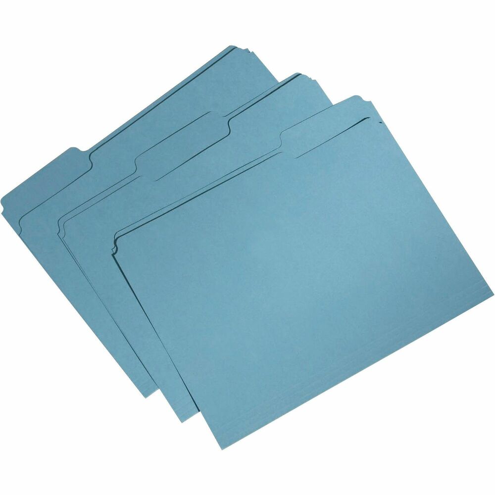 NSN5664131 - File folders are made of 100 percent recycled material with a minimum 60 percent post-consumer material. Letter-size file folders with single-ply top are made with a water-based adhesive and chlorine-free process to protect the environment from harmful chemicals. Bright color allows easy filing and retrieval in a color-coded system. Design also features top tabs in assorted 1/3-cut positions and 11 point stock. Tabs are single-ply. Bottom is scored for 3/4" expansion.   