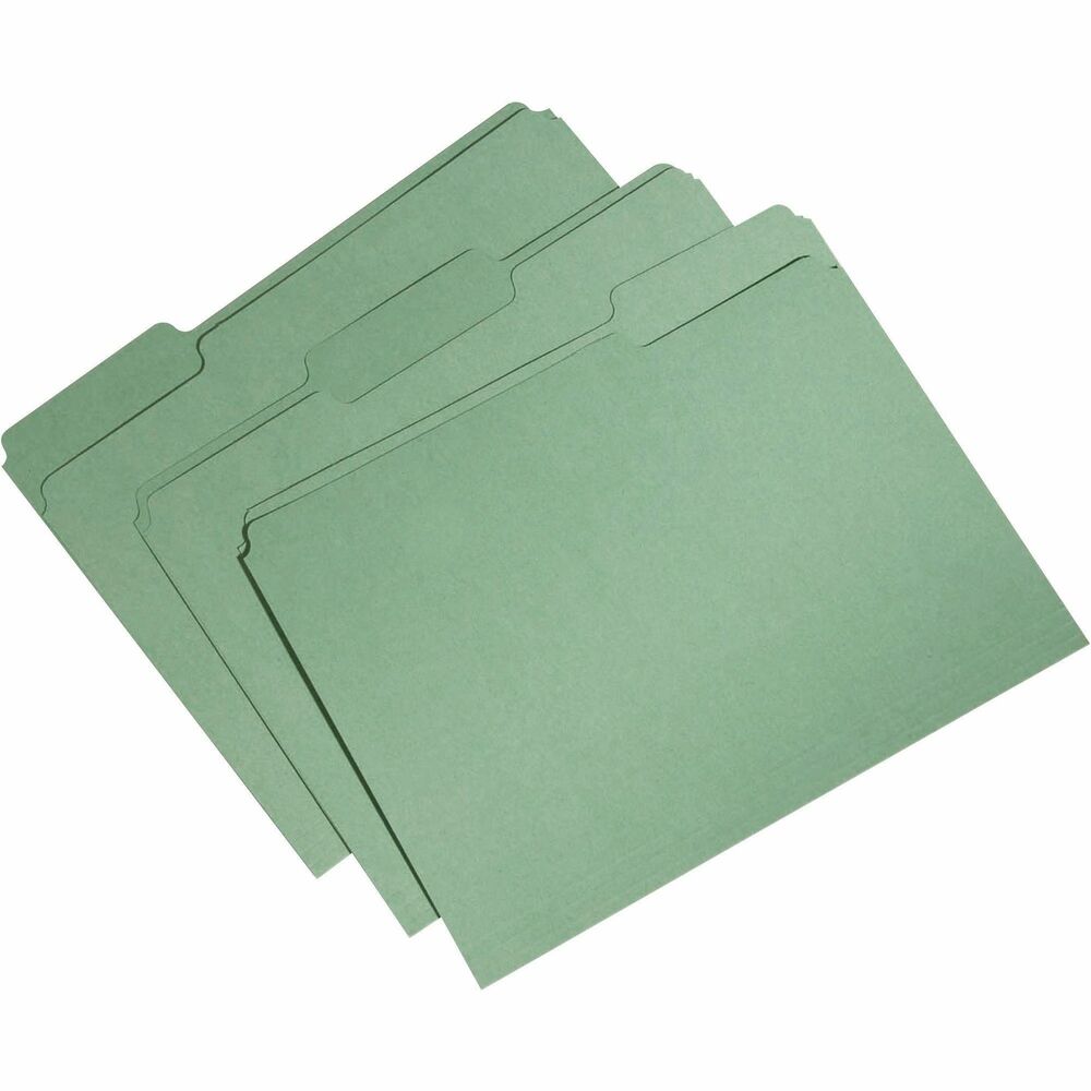 NSN5664132 - File folders are made of 100 percent recycled material with a minimum 60 percent post-consumer material. Letter-size file folders with single-ply top are made with a water-based adhesive and chlorine-free process to protect the environment from harmful chemicals. Bright color allows easy filing and retrieval in a color-coded system. Design also features top tabs in assorted 1/3-cut positions and 11 point stock. Tabs are single-ply. Bottom is scored for 3/4" expansion.   