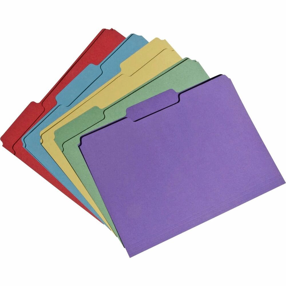NSN5664138 - File folders are made of 100 percent recycled material with a minimum 60 percent post-consumer material. Letter-size file folders with single-ply top are made with a water-based adhesive and chlorine-free process to protect the environment from harmful chemicals. Bright color allows easy filing and retrieval in a color-coded system. Design also features top tabs in assorted 1/3-cut positions and 11 point stock. Tabs are single-ply. Bottom is scored for 3/4" expansion.   