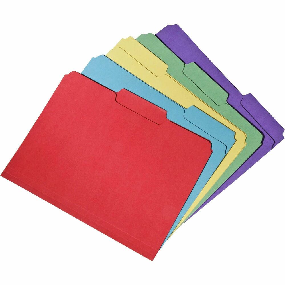 NSN5664143 - File folders are made of 100 percent recycled material with a minimum 60 percent post-consumer material. Letter-size file folders are made with a water-based adhesive and chlorine-free process to protect the environment from harmful chemicals and exceed Executive Orders 13514 and 13423. Design also features double-ply top tabs in assorted 1/3-cut positions and 11 point, acid-free stock. Tabs offer double-ply, reinforced strength. Bottom is scored for 3/4" expansion.   