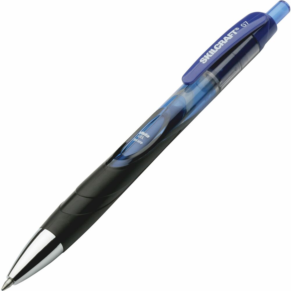 NSN5745971 - Retractable smooth-flowing gel pen has specially formulated ink that aids in preventing check and document fraud and helps preserve document integrity and security. The intense colored pigment ink soaks into the fabric of the paper and cannot be removed with everyday household chemicals such as acetone, benzene, or bleach. Gel ink is acid-free and archival-safe. Tinted barrel reveals the remaining ink supply. Refillable pen includes a latex-free rubber grip for added writing comfort and a safety clip that does not allow the pen to be placed in a pocket with the point exposed.   
