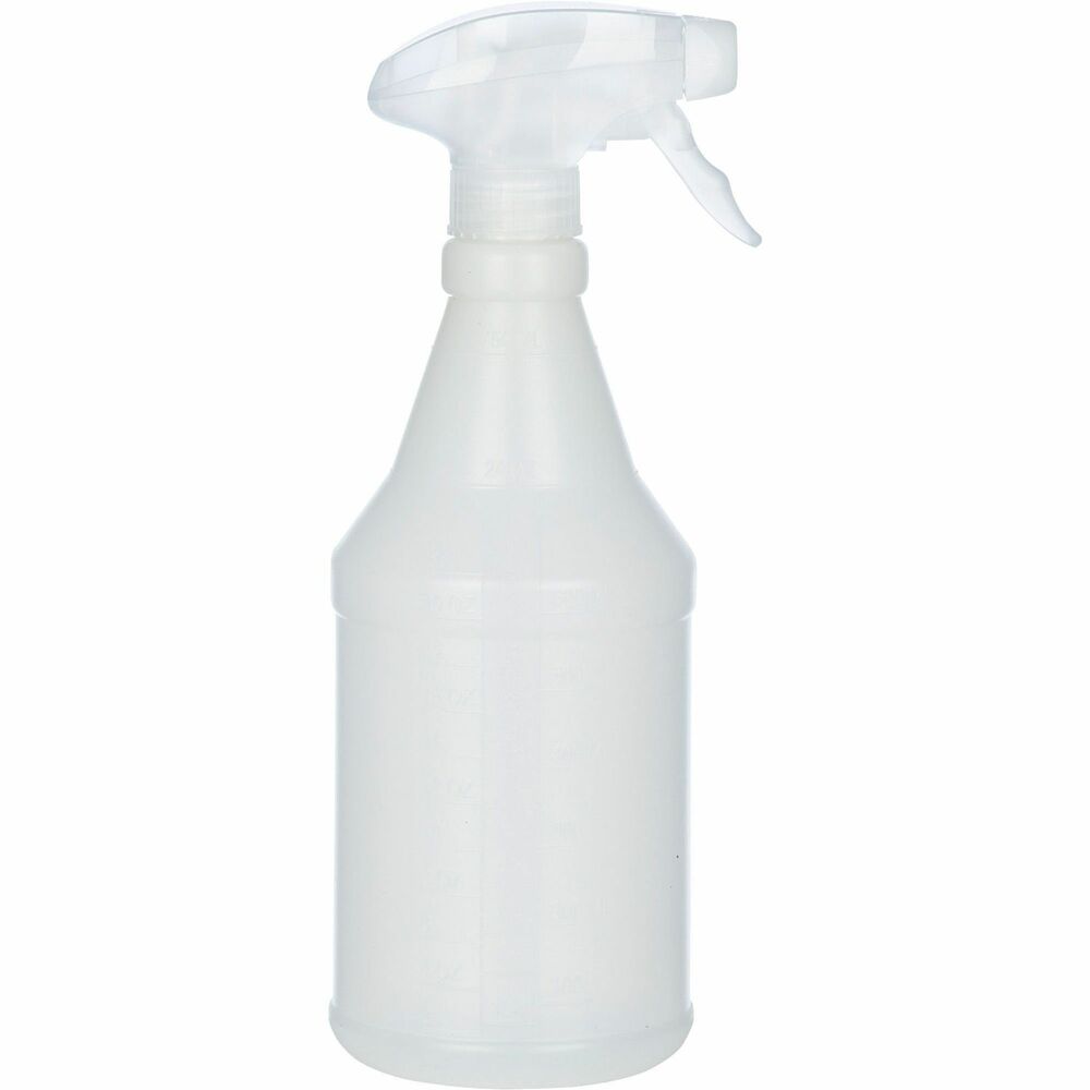 NSN5770210 - Empty, plastic spray bottle features a trigger-type atomizer cap and flexible plastic tube that is ideal for dispensing cleaners. Chemical-resistant trigger sprayer is adjustable. Bottle is marked with ounce gradations.