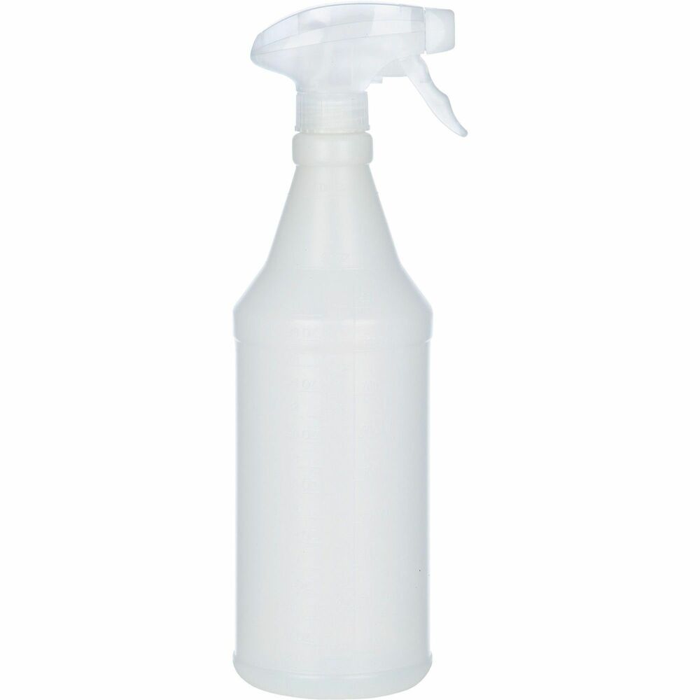 NSN5770212 - Empty, plastic spray bottle features a trigger-type atomizer cap and flexible plastic tube that is ideal for dispensing cleaners. Chemical-resistant trigger sprayer is adjustable. Bottle is marked with ounce gradations. Bottle is made of 100 percent recyclable plastic with 50 percent post-consumer recycled material.   