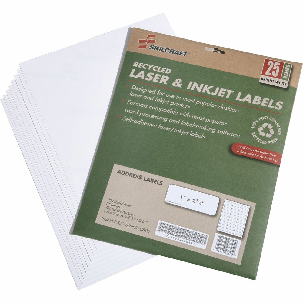 NSN5789292 - Environmentally friendly address labels offer a face sheet that is made using 100 percent recycled post-consumer fiber and is processed chlorine-free (PCF). The adhesive meets the USPS specification USPS-2-1238 so it can be safely recycled. Labels are both acid-free and lignin-free, making them safe for archiving. Labels will not yellow. Labels are compatible with both desktop laser and inkjet printers. Each sheet has 30 labels. Product packaging is made using 100 percent post-consumer material.