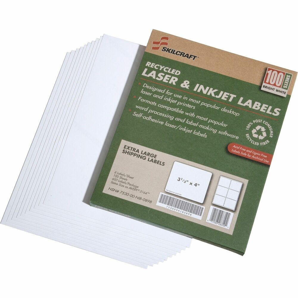 NSN5789294 - Environmentally friendly shipping labels offer a face sheet that is made using 100 percent recycled post-consumer fiber and is processed chlorine-free (PCF). The adhesive meets the USPS specification USPS-2-1238 so it can be safely recycled. High-quality, bright white, printer labels are both acid-free and lignin-free, making them safe for archiving. Labels will not yellow. Labels are compatible with both desktop laser and inkjet printers. Product packaging is made using 100 percent post-consumer material.   
