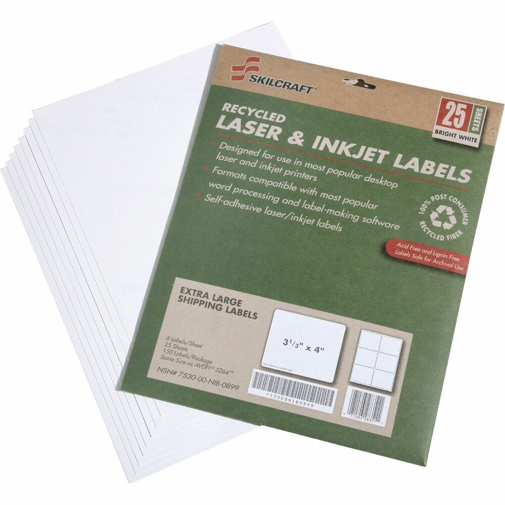 NSN5789295 - Environmentally friendly shipping labels offer a face sheet that is made using 100 percent recycled post-consumer fiber and is processed chlorine-free (PCF). The adhesive meets the USPS specification USPS-2-1238 so it can be safely recycled. High-quality, bright white, printer labels are both acid-free and lignin-free, making them safe for archiving. Labels will not yellow. Labels are compatible with both desktop laser and inkjet printers. Product packaging is made using 100 percent post-consumer material.   