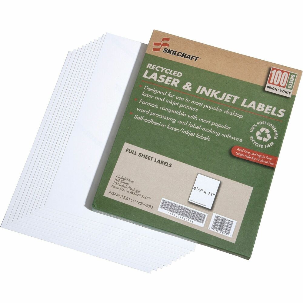 NSN5789298 - Environmentally friendly, full-sheet labels offer a face sheet that is made using 100 percent recycled post-consumer fiber and is processed chlorine-free (PCF). The adhesive meets the USPS specification USPS-2-1238 so it can be safely recycled. High-quality, bright white, printer labels are both acid-free and lignin-free, making them safe for archiving. Labels will not yellow. Labels are compatible with both desktop laser and inkjet printers. Product packaging is made using 100 percent post-consumer material.
