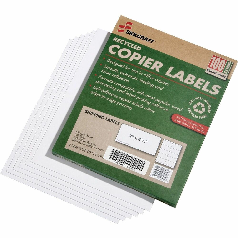 NSN5872621 - High-quality, bright white, copier labels are environmentally friendly. Face sheet is made using 100 percent recycled post-consumer fiber and is processed chlorine-free (PCF). The adhesive meets the USPS specification USPS-2-1238 for it to be safely recycled. Shipping labels are both acid-free and lignin-free, making them safe for archiving. Labels will not yellow. Design allows edge-to-edge printing and use in office copiers.