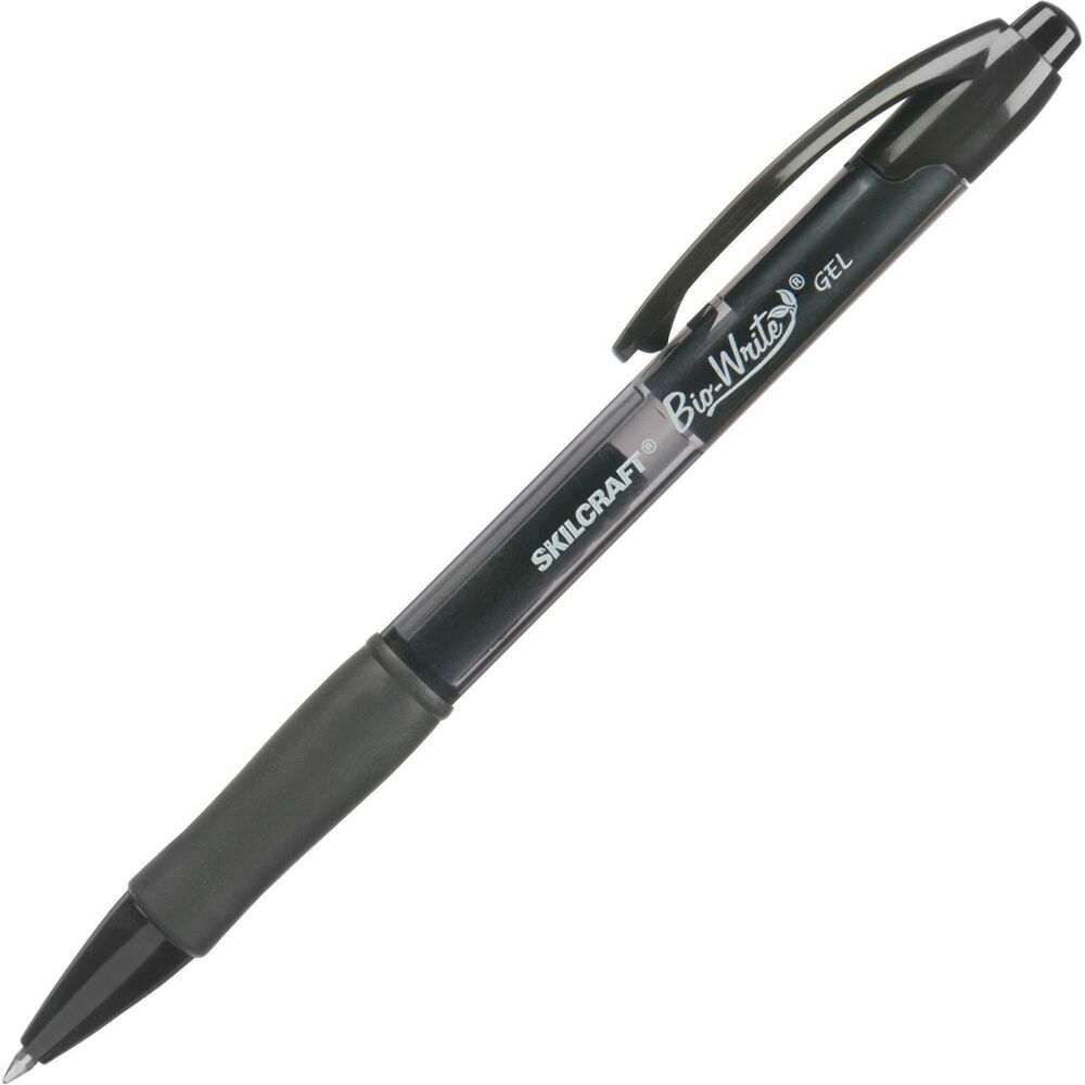 NSN5882363 - Bio-Write Retractable Gel Pens are made from 35 percent bio-based and corn-based bio-resin and 27 percent pre-consumer recycled plastic by pen weight. Bio-based pen reduces use of petroleum and reduces chemical residue in landfills. Medium point (0.7mm) delivers bold vivid lines with exceptionally smooth ink flow. Gel ink is acid-free to help preserve documents. Grip color indicates the ink color. Translucent barrel allows monitoring of the ink supply. Latex-free rubber grip protects against allergic reactions and provides added writing comfort. Gel pen is refillable. Product packaging contains 100 percent recycled material and 35 percent post-consumer material.   