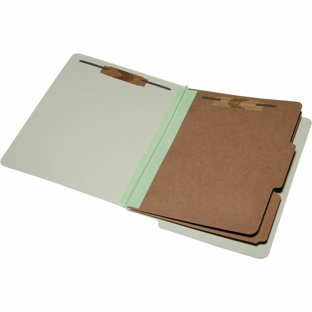 NSN5907103 - Classification folders offer a precise way to organize your project documents with a six-part design. End tabs make them ideal for open shelf filing. Each file folder includes two dividers and two 2" prong fasteners on the inside front and back covers to subdivide project papers. Each 17 point Kraft divider has two 1" prong fasteners for further subdividing. The folder expands up to 2" to provide plenty of room for thick stacks. Outside cover is made of 25 point Pressboard using 30 percent post-consumer material. Kraft dividers are also made with 30 percent post-consumer material. Recyclable folders meet Executive Orders 13514 and 13423.   