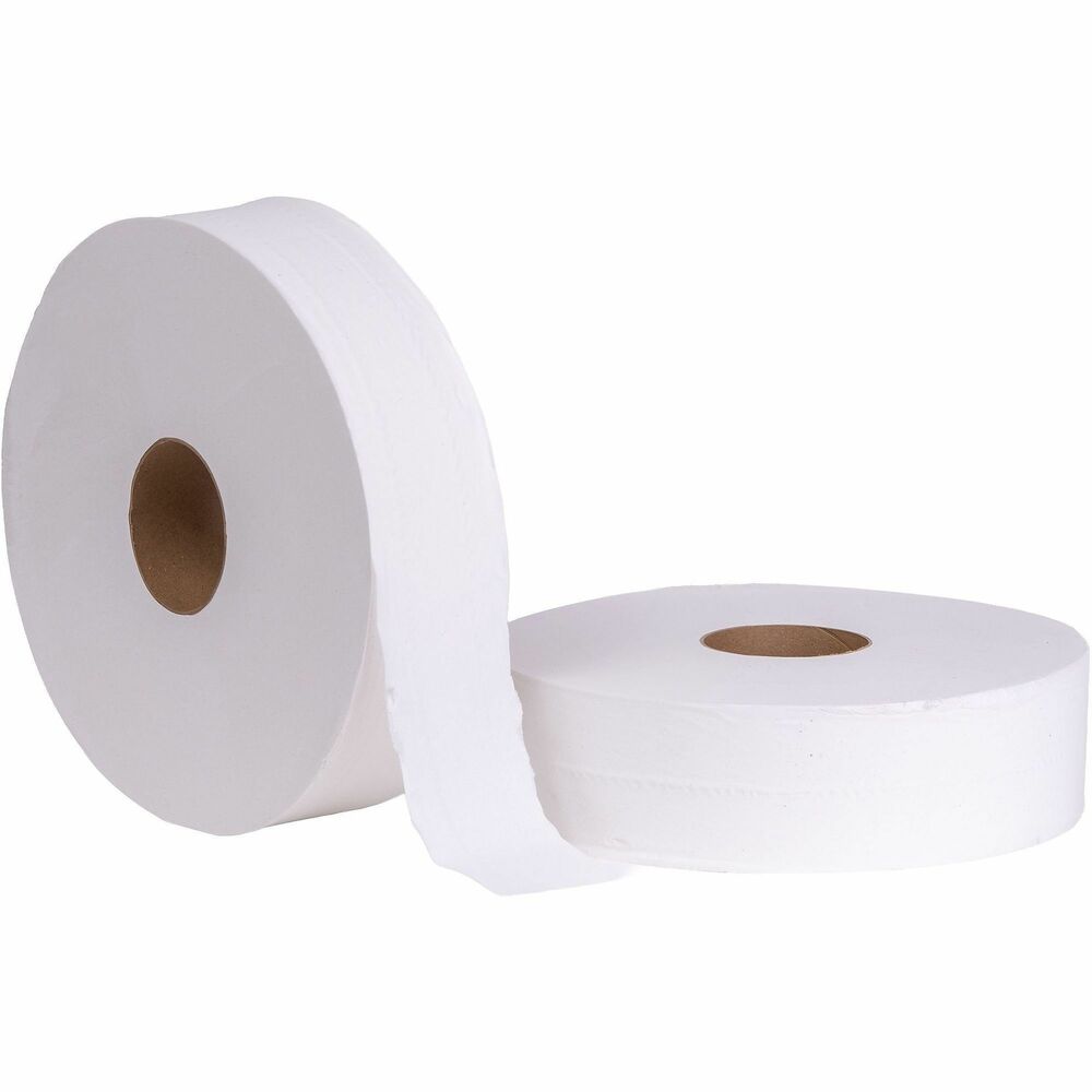 NSN5909068 - Jumbo roll toilet tissue is the perfect choice for high-traffic restroom areas. Each jumbo roll delivers nearly five times the amount of a standard roll. 3-1/3" core fits most dispensers. Toilet tissue is made of 100 percent recycled content with a minimum of 30 percent post-consumer fibers and with elemental chlorine-free bleaching.   