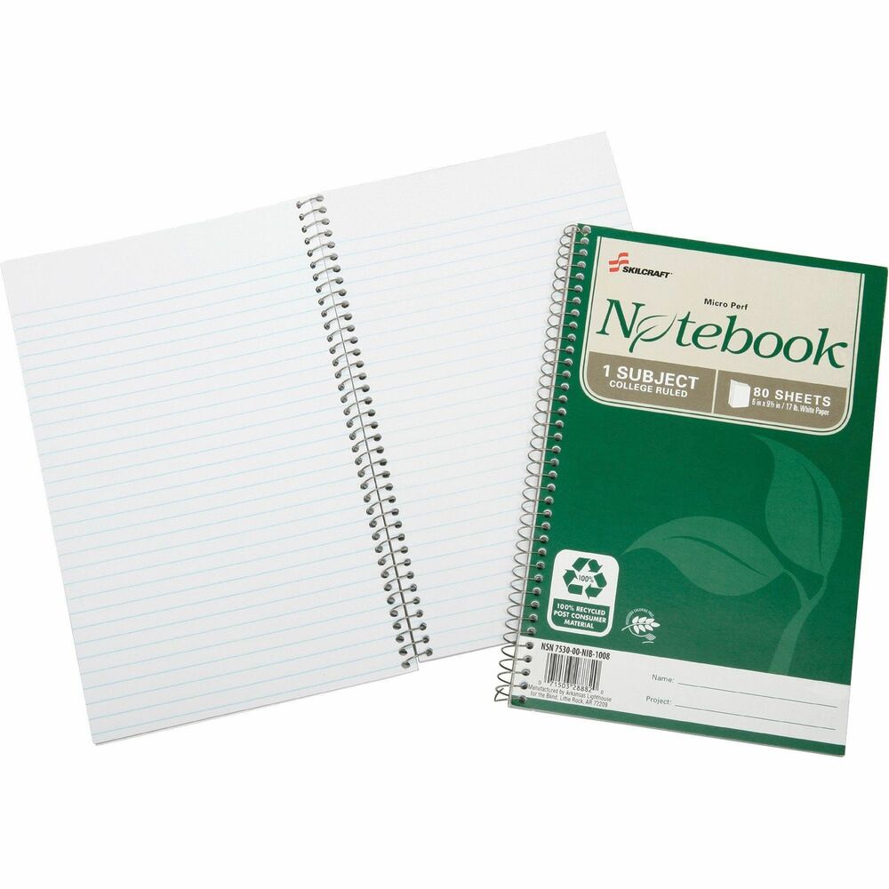 NSN6002017 - Single-subject, spiral-bound notebooks are made of 100 percent post-consumer material, giving new life to old paper. Process Chlorine Free (PCF) eliminates harmful chlorine emissions. Acid-free, archival-quality paper preserves documents and prevents yellowing over time. Each 17 lb. sheet is college-ruled with no margin and no perforation. Environmentally responsible, soy-based ink is used for rulings. Covers and wires are made from recycled materials.