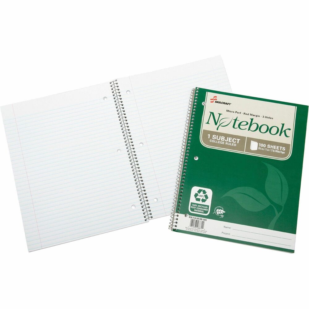 NSN6002025 - Single-subject, spiral-bound notebooks are made with 100 percent post-consumer material, giving new life to old paper. Process Chlorine Free (PCF) eliminates harmful chlorine emissions. Acid-free, archival-quality paper preserves documents and prevents yellowing over time. Each 17 lb. sheet is college-ruled with a red margin and microperforated for a clean tear-out. Environmentally responsible, soy-based ink is used for rulings. Covers and wires are made from recycled materials. Three-hole punched edge allows easy placement in standard, three-ring binders.