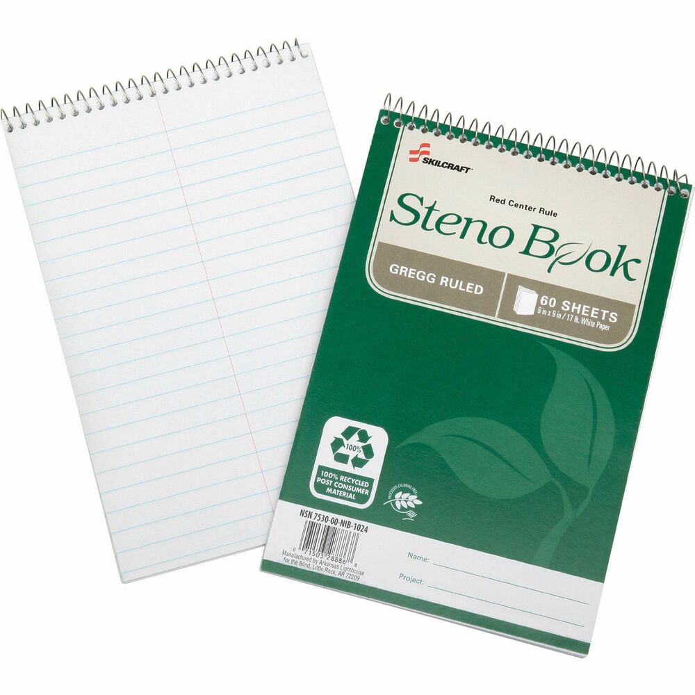NSN6002029 - Wirebound steno book is made using 100 percent post-consumer recycled paper, giving new life to old paper. Acid-free, archival quality paper preserves documents and prevents yellowing over time. Process Chlorine Free (PCF) eliminates harmful chlorine emissions. Covers and wires are made from recycled materials. Notebook contains 60 sheets of exceptionally bright, clean, high-quality, thick 17 lb. paper weight. Each sheet is Gregg-ruled with a faint red center line. Environmentally responsible, soy-based ink is used for rulings.