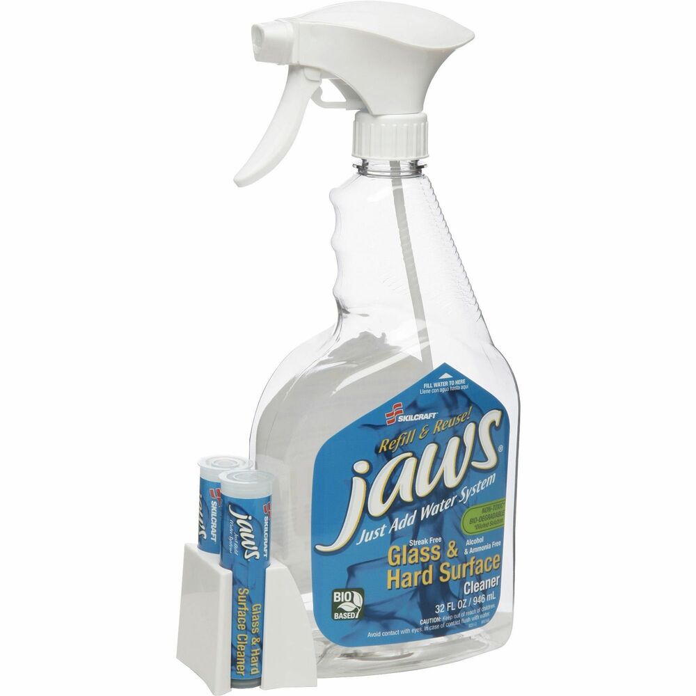 NSN6005747 - Release the power of JAWS to clean glass and other hard surfaces, then refill and reuse. This safe, economical, ecological, efficient system only requires water to deliver the power of cleaning right at your faucet. With the Just Add Water System, no special equipment is necessary. The portable JAWS cartridge automatically delivers the precise amount of concentrate. Fill your work bottle with water, insert the JAWS cartridge and attach the trigger sprayer. It's that simple, safe and economical. No unnecessary shipping of water and throwing away plastic bottles. With an ammonia-free, alcohol-free and no-streak formula, Glass and Hard Surface Cleaner cleans fingerprints, grease and smudges from appliances, computer monitors, Lexan and Lucite, mirrors, plexiglas, windows, granite countertops, LCD TV Screens and more. The Just Add Water Cleaning Kit comes with everything you need, including six reusable/refillable spray bottles and 12 cleaning cartridges.   