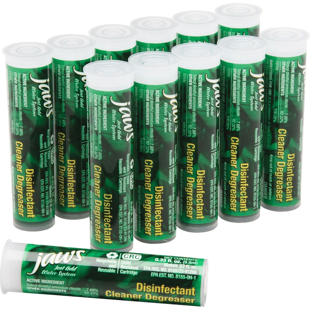 NSN6005749 - Refill cartridges are designed for the Just Add Water System, a safe, economical, ecological, efficient cleaner that only requires water. The portable JAWS cartridge automatically delivers the precise amount of concentrate. All you have to do is fill your work bottle with water, insert the JAWS cartridge, screw the trigger spray back on and clean. Disinfectant Cleaner Degreaser reduces the spread of infection and is guaranteed to kill 99.9 percent of germs. Use this broad-spectrum disinfectant to clean and disinfect any hard nonporous surface area where viruses and bacteria live. Ideal for countertops, door knobs, garbage cans, sinks, stovetops, telephones, toilets and sealed wood. Small cartridges in a compact box dramatically reduce space.