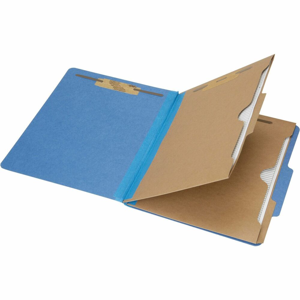 NSN6006971 - Six-part classification folders offer an efficient way to organize your letter-size project with multiple sections. Design includes one 2" capacity prong on the inside of each cover in positions No. 1 and 3. Two pocket dividers made of 11 point Kraft stock feature a total of four 1" capacity prongs on each side of the dividers for extra storage. The pocket dividers provide extra storage for CDs/DVDs and smaller documents that cannot be two-hole punched. Expandable, Tyvek-reinforced gusset offers a 2" capacity. Folder cover is made of 25 point Pressboard. Folders are made using 30 percent post-consumer material.